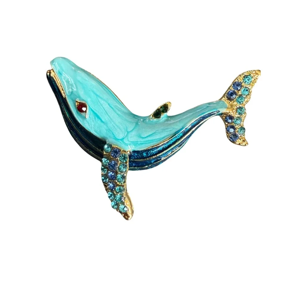Blue Enamel Whale Brooch Rhinestone Nautical Gold Tone Animal Pin Accessory